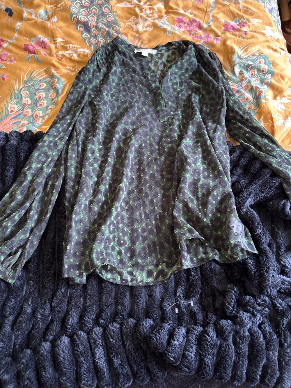 Michael Kors Black and Green Printed Long-Sleeve Blouse